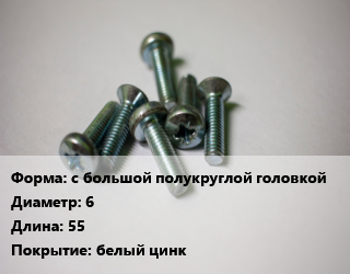 Винт с большой полукруглой головкой 6х55 белый цинк, чертеж 7811-7062, кг цена от 110.19 Тг / кг, где купить, условия доставки в Алматы и Алматинской области